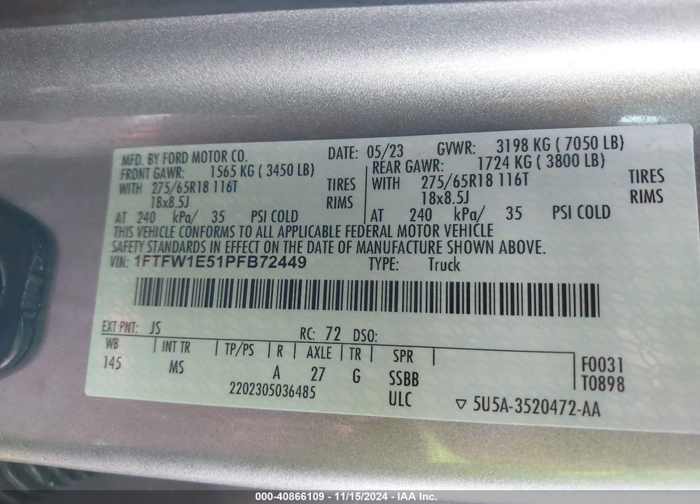 2023 FORD F-150 XLT VIN: 1FTFW1E51PFB72449