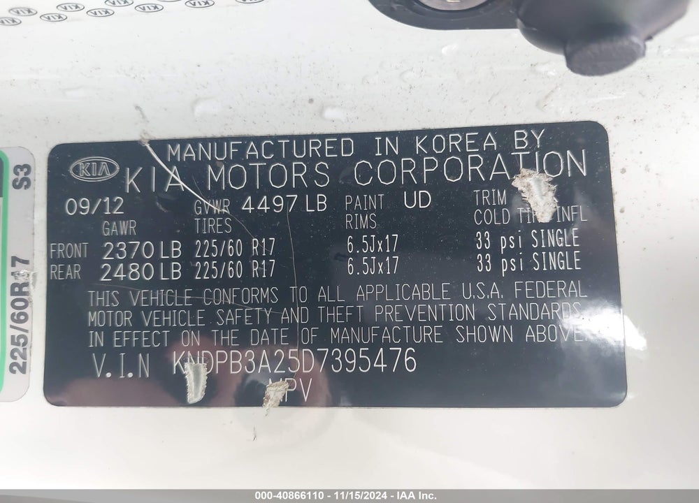 2013 KIA SPORTAGE LX VIN: KNDPB3A25D7395476