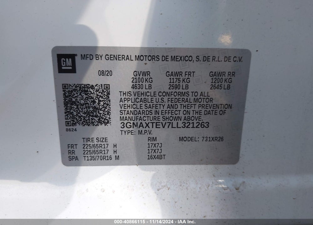 2020 CHEVROLET EQUINOX AWD 2FL VIN: 3GNAXTEV7LL321263