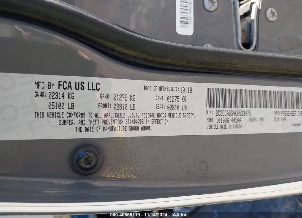 2019 CHRYSLER 300 300S VIN: 2C3CCABG4KH533475