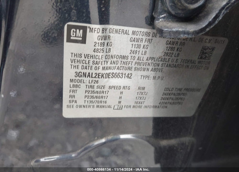 2014 CHEVROLET CAPTIVA SPORT 2LS VIN: 3GNAL2EK0ES663142