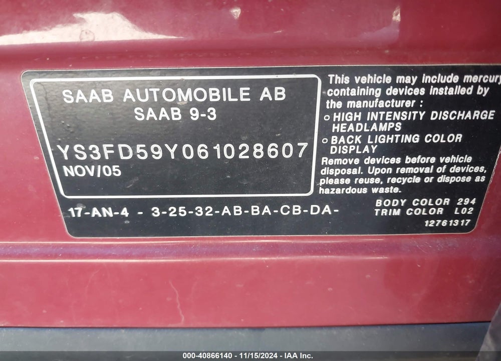 2006 SAAB 9 3 VIN: YS3FD59Y061028607