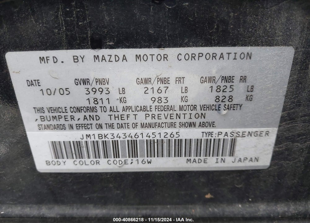2006 MAZDA 3 S TOURING VIN: JM1BK343461451265