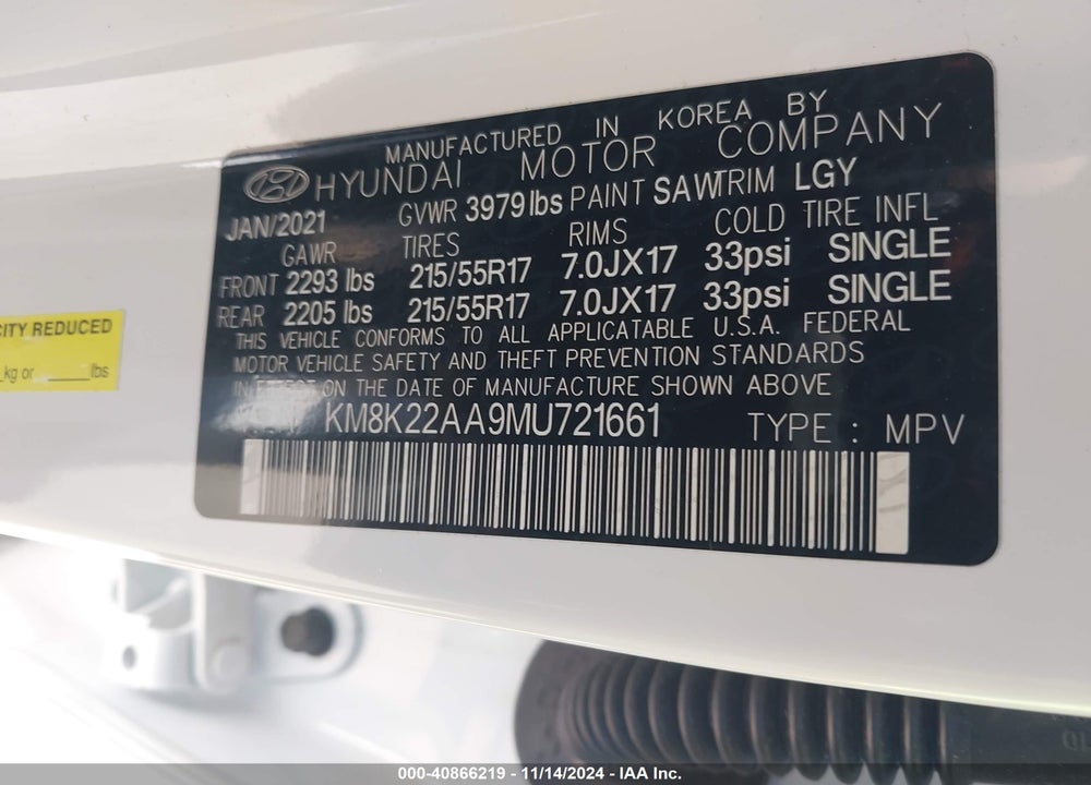 2021 HYUNDAI KONA VIN: KM8K22AA9MU721661