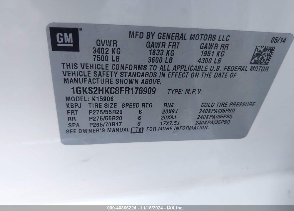 2015 GMC YUKON XL 1500 SLT VIN: 1GKS2HKC8FR176909