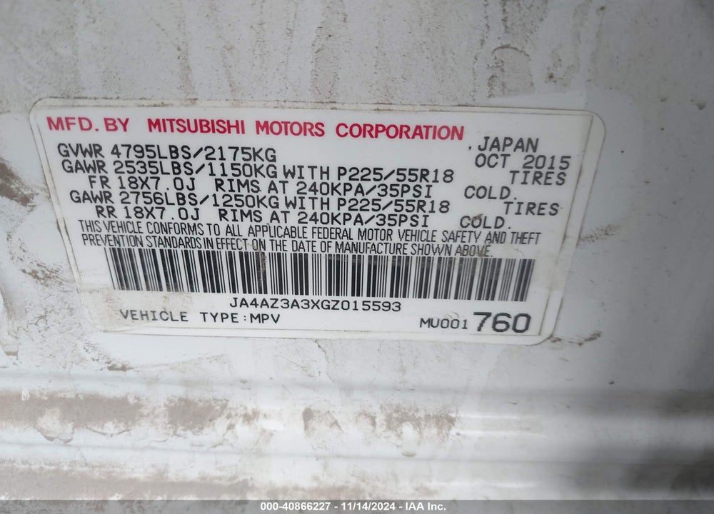 2016 MITSUBISHI OUTLANDER ES/SE/SEL VIN: JA4AZ3A3XGZ015593