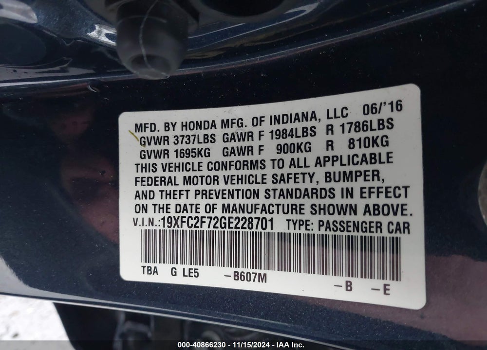 2016 HONDA CIVIC EX VIN: 19XFC2F72GE228701