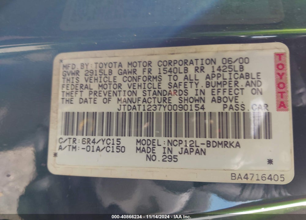 2000 TOYOTA ECHO VIN: JTDAT1237Y0090154