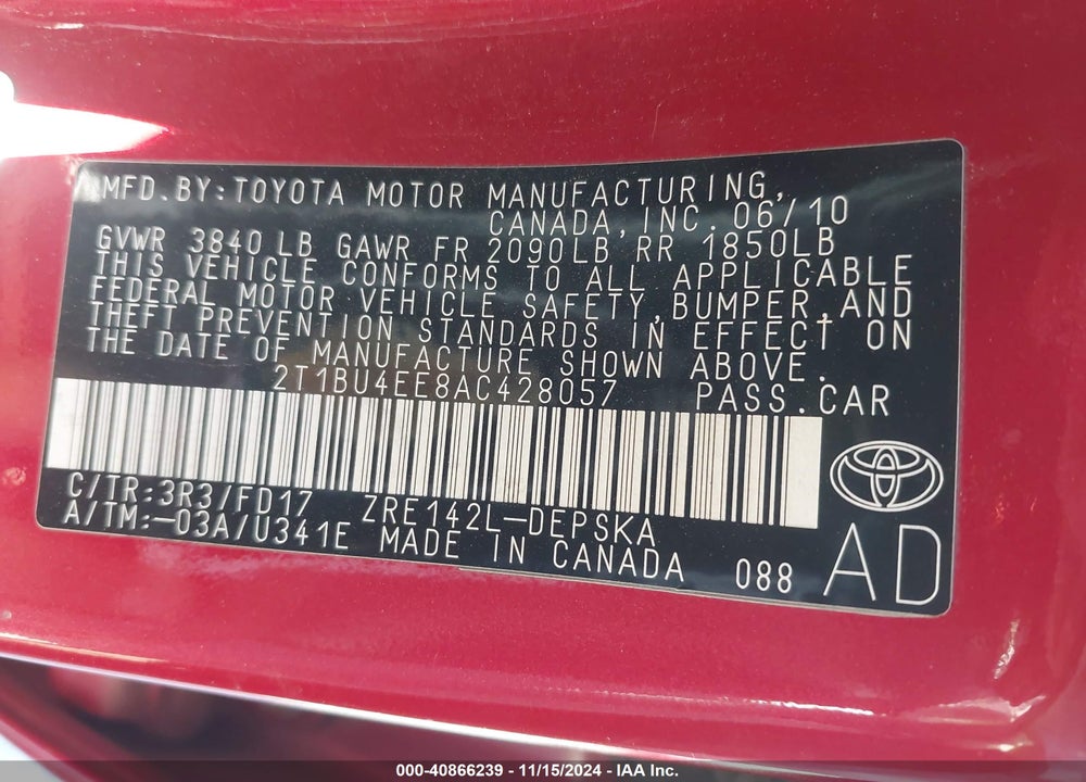 2010 TOYOTA COROLLA S VIN: 2T1BU4EE8AC428057