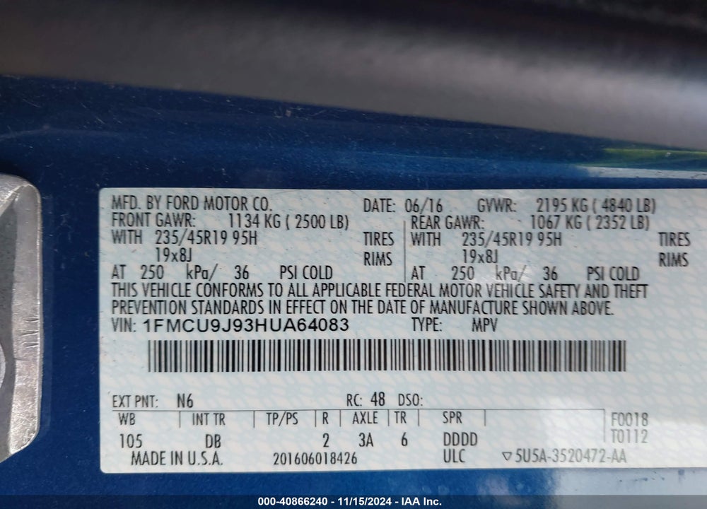 2017 FORD ESCAPE TITANIUM VIN: 1FMCU9J93HUA64083