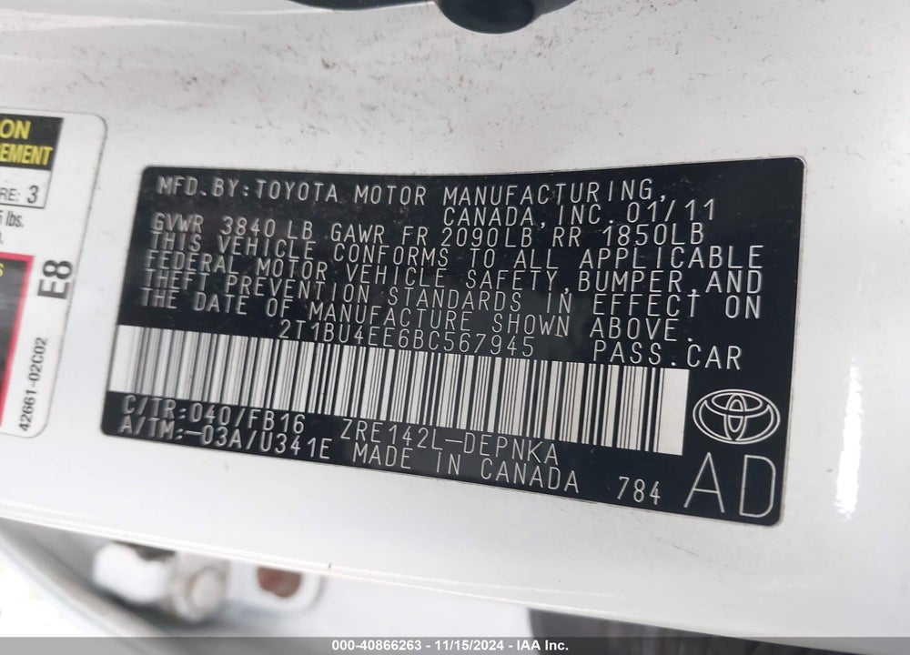 2011 TOYOTA COROLLA LE VIN: 2T1BU4EE6BC567945
