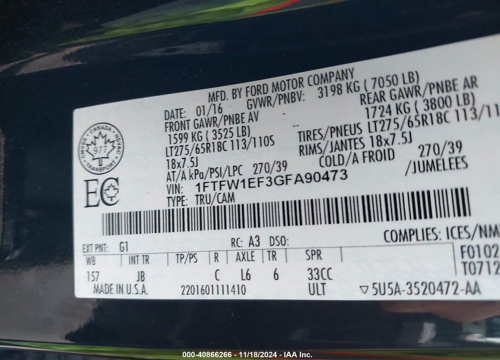 2016 FORD F-150 XLT VIN: 1FTFW1EF3GFA90473