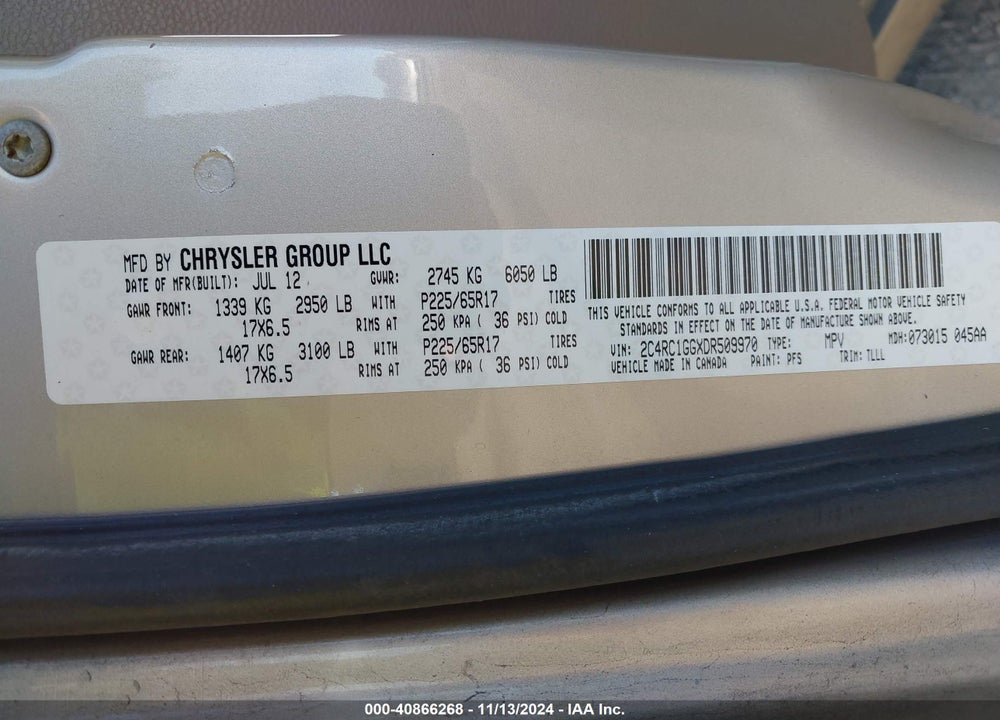 2013 CHRYSLER TOWN & COUNTRY LIMITED VIN: 2C4RC1GGXDR509970