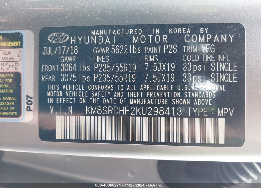 2019 HYUNDAI SANTA FE XL LIMITED ULTIMATE VIN: KM8SRDHF2KU298413