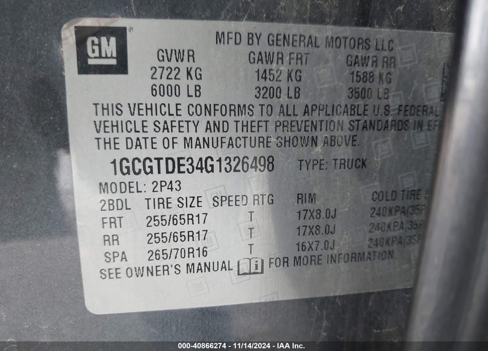 2016 CHEVROLET COLORADO Z71 VIN: 1GCGTDE34G1326498