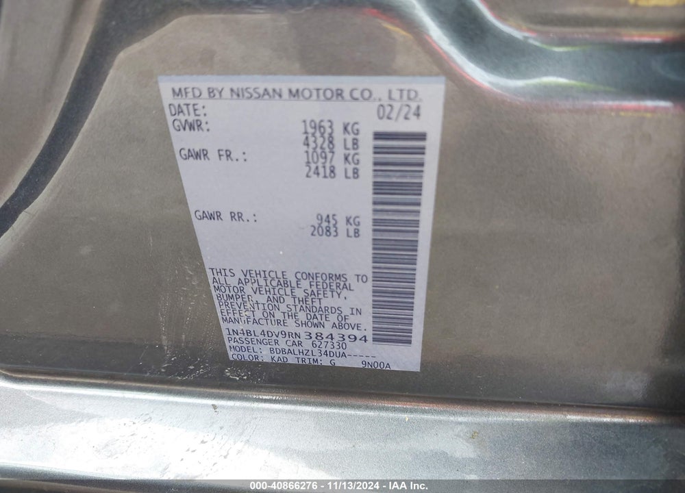 2024 NISSAN ALTIMA SV FWD VIN: 1N4BL4DV9RN384394