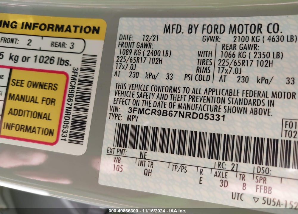 2022 FORD BRONCO SPORT BIG BEND VIN: 3FMCR9B67NRD05331