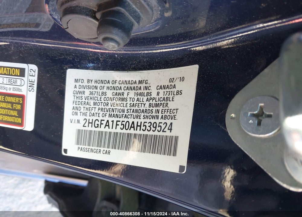 2010 HONDA CIVIC LX VIN: 2HGFA1F50AH539524