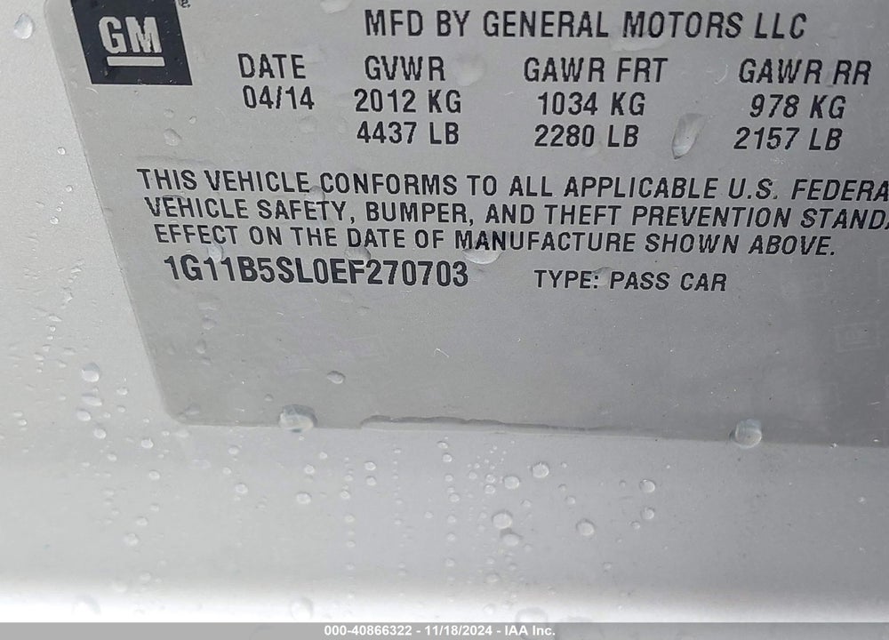 2014 CHEVROLET MALIBU 1LS VIN: 1G11B5SL0EF270703