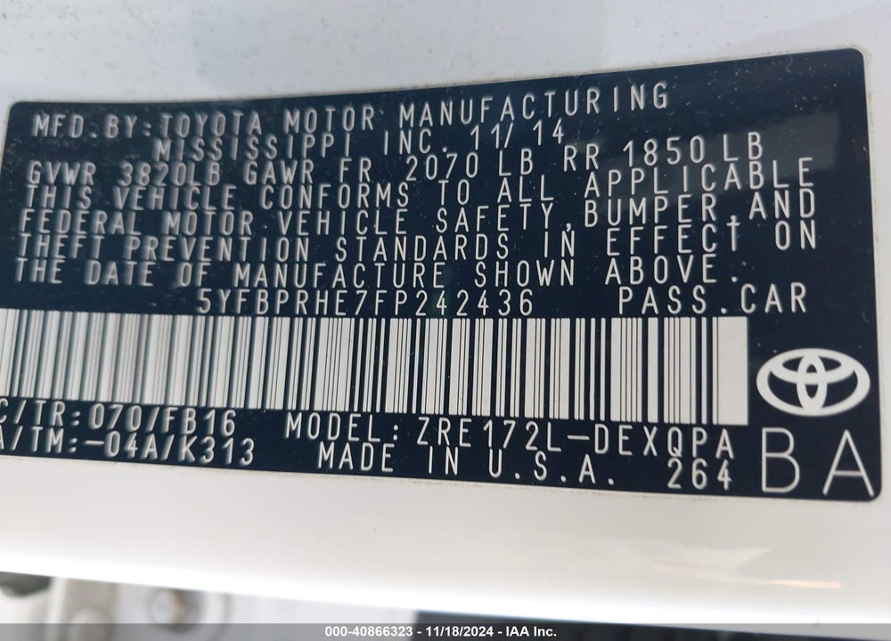 2015 TOYOTA COROLLA LE ECO VIN: 5YFBPRHE7FP242436