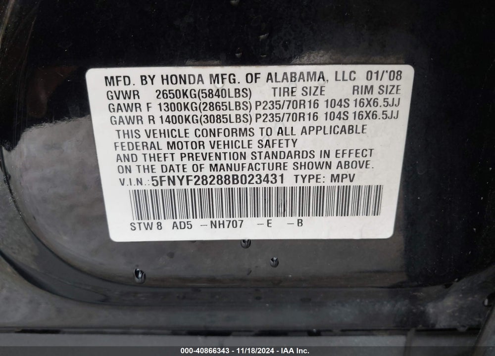 2008 HONDA PILOT VP VIN: 5FNYF28288B023431