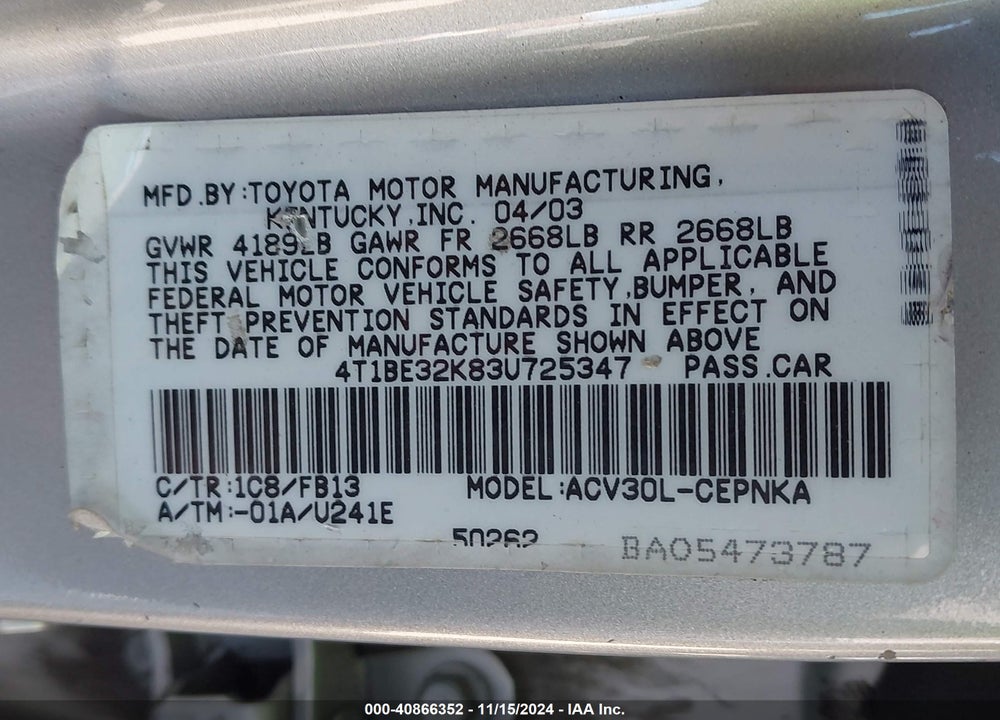 2003 TOYOTA CAMRY LE VIN: 4T1BE32K83U725347