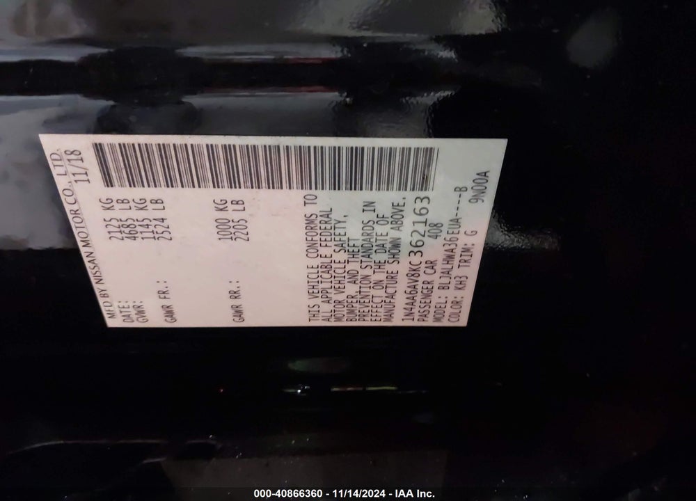 2019 NISSAN MAXIMA 3.5 PLATINUM VIN: 1N4AA6AV8KC362163