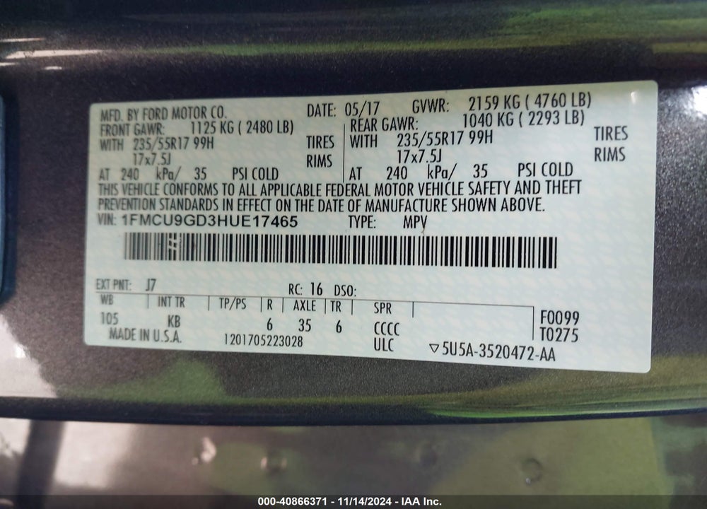 2017 FORD ESCAPE SE VIN: 1FMCU9GD3HUE17465