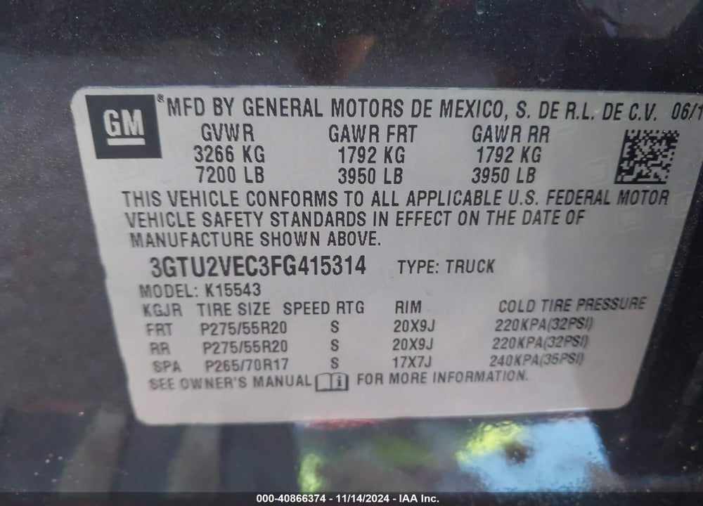 2015 GMC SIERRA 1500 SLT VIN: 3GTU2VEC3FG415314