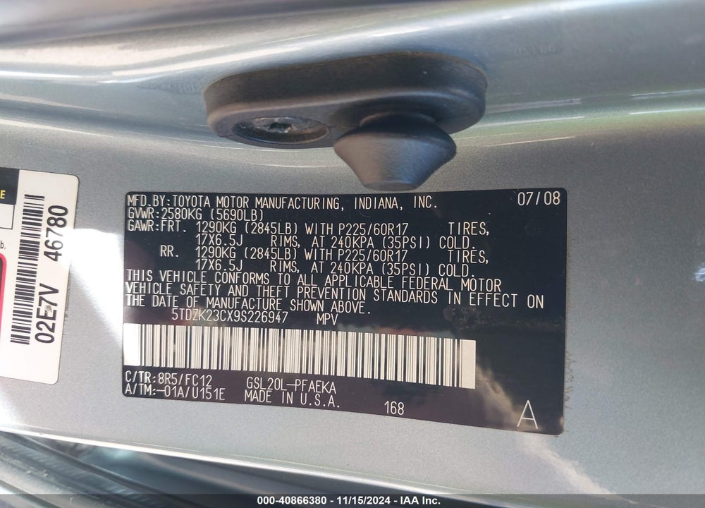2009 TOYOTA SIENNA LE VIN: 5TDZK23CX9S226947