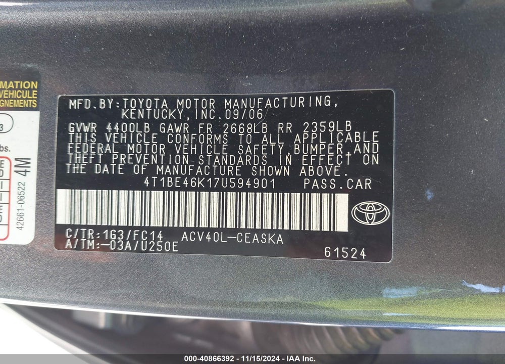 2007 TOYOTA CAMRY SE VIN: 4T1BE46K17U594901