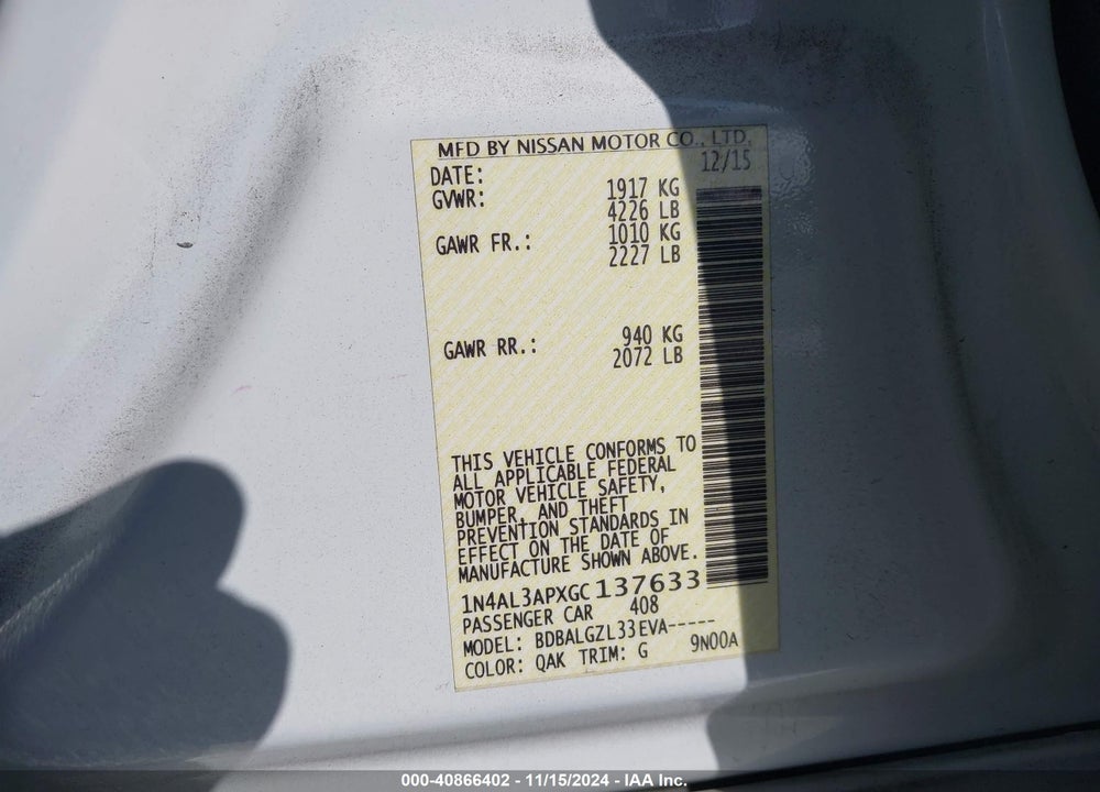 2016 NISSAN ALTIMA 2.5 S VIN: 1N4AL3APXGC137633