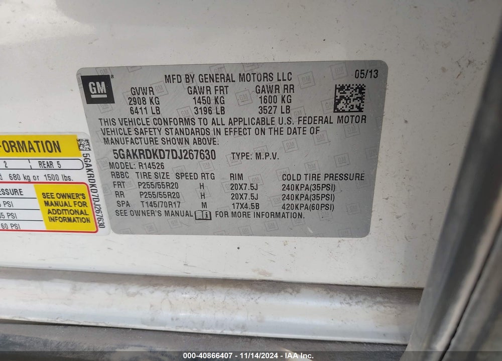 2013 BUICK ENCLAVE PREMIUM VIN: 5GAKRDKD7DJ267630