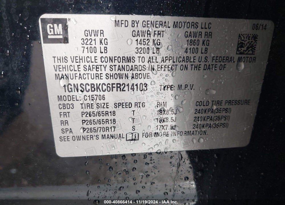 2015 CHEVROLET TAHOE LT VIN: 1GNSCBKC6FR214103