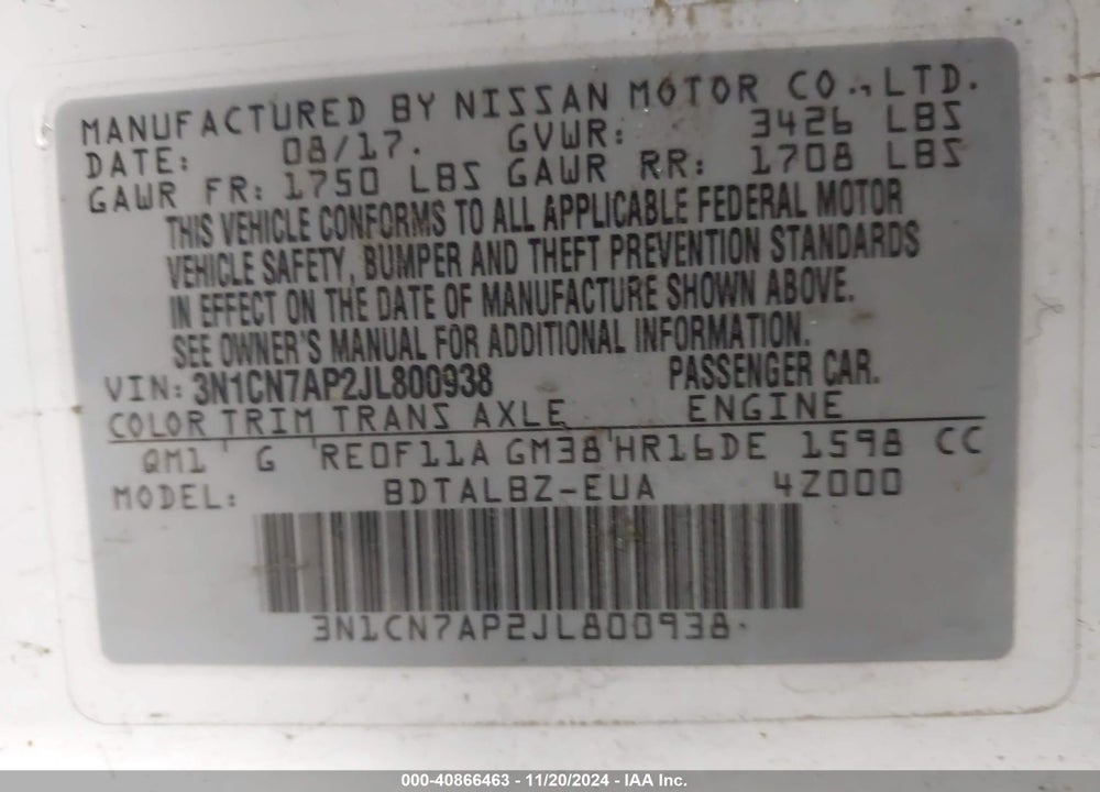 2018 NISSAN VERSA 1.6 SV VIN: 3N1CN7AP2JL800938