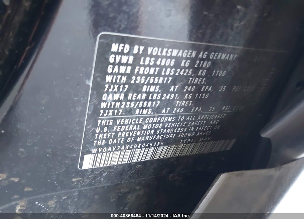 2017 VOLKSWAGEN TIGUAN 2.0T/2.0T S VIN: WVGAV7AX4HK045450