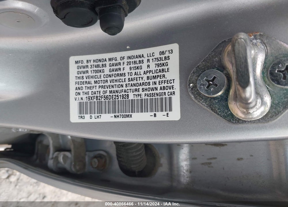 2013 HONDA CIVIC LX VIN: 19XFB2F56DE251928