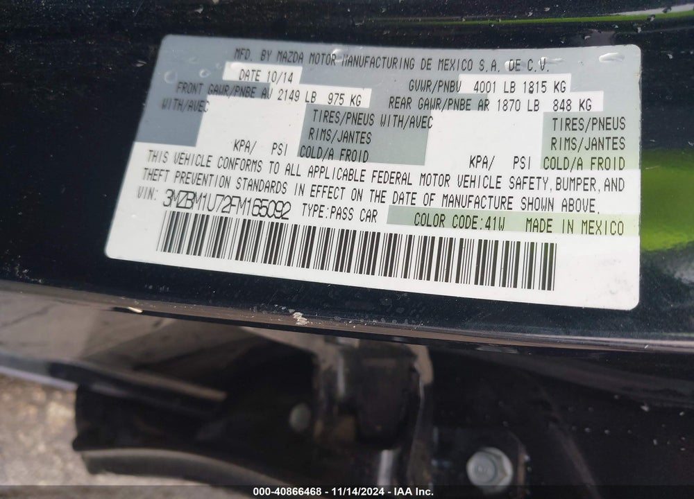 2015 MAZDA MAZDA3 VIN: 3MZBM1U72FM165092