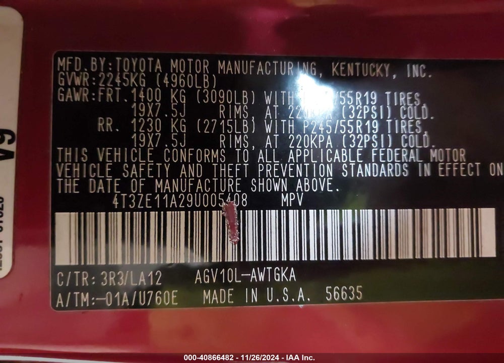 2009 TOYOTA VENZA VIN: 4T3ZE11A29U005408