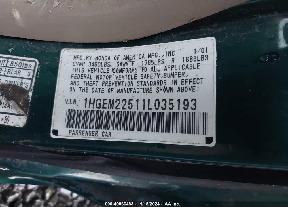 2001 HONDA CIVIC LX VIN: 1HGEM22511L035193
