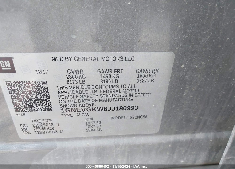 2018 CHEVROLET TRAVERSE VIN: 1GNEVGKW6JJ180993