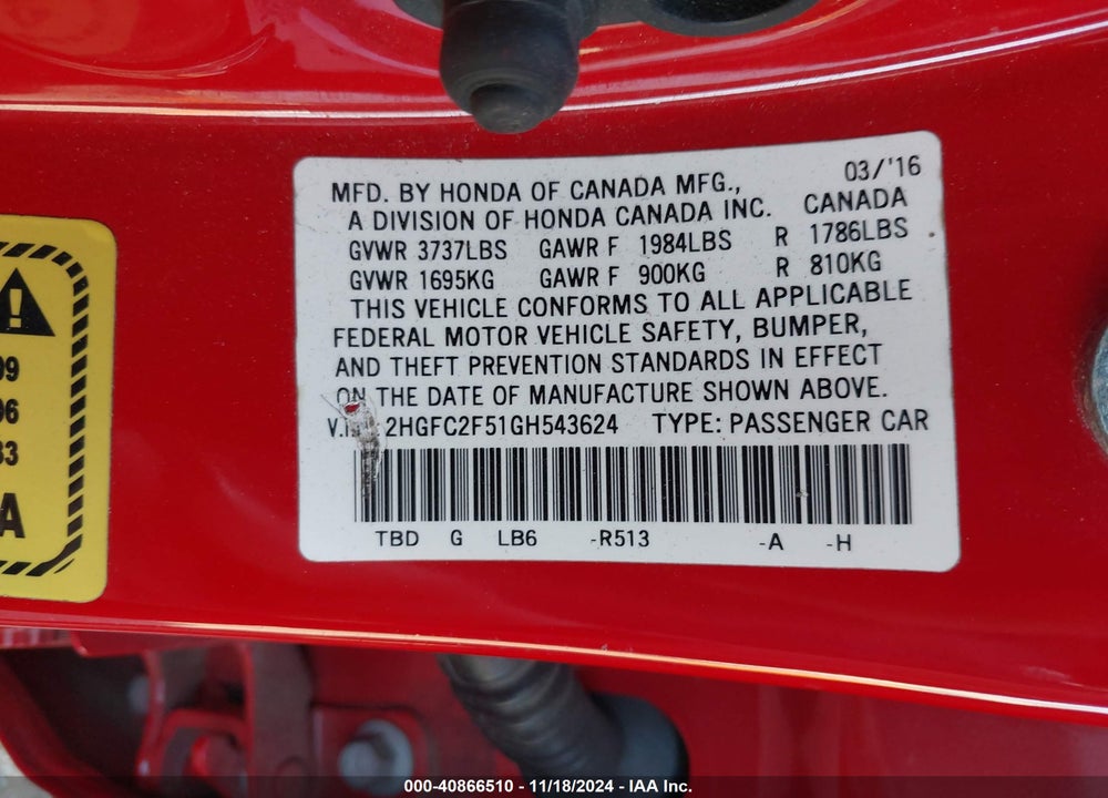 2016 HONDA CIVIC VIN: 2HGFC2F51GH543624