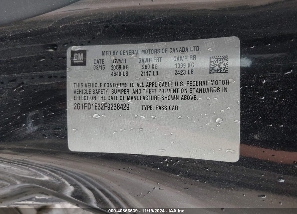 2015 CHEVROLET CAMARO 1LT VIN: 2G1FD1E32F9238429