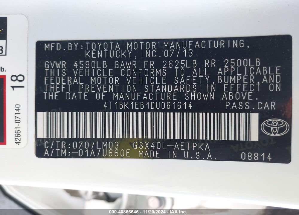 2013 TOYOTA AVALON LIMITED VIN: 4T1BK1EB1DU061614