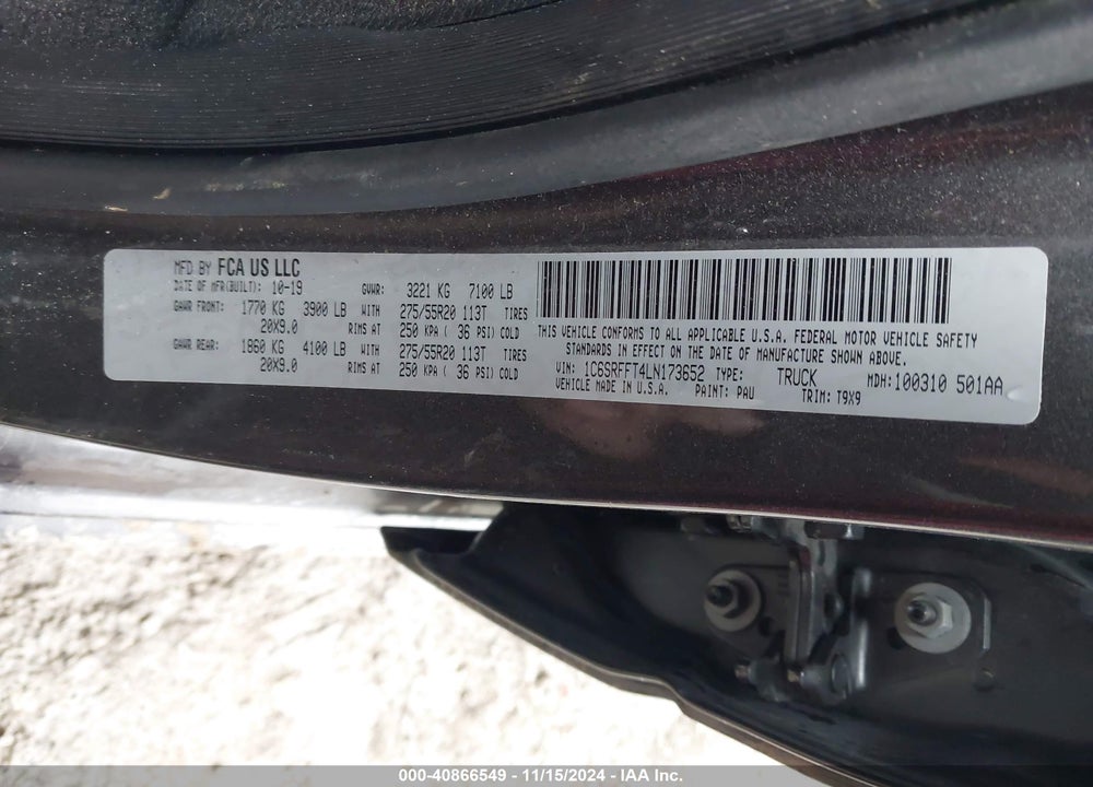 2020 RAM 1500 VIN: 1C6SRFFT4LN173652