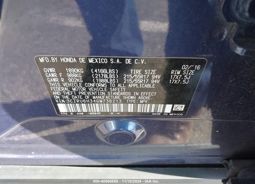 2016 HONDA HR-V LX VIN: 3CZRU6H34GM736213