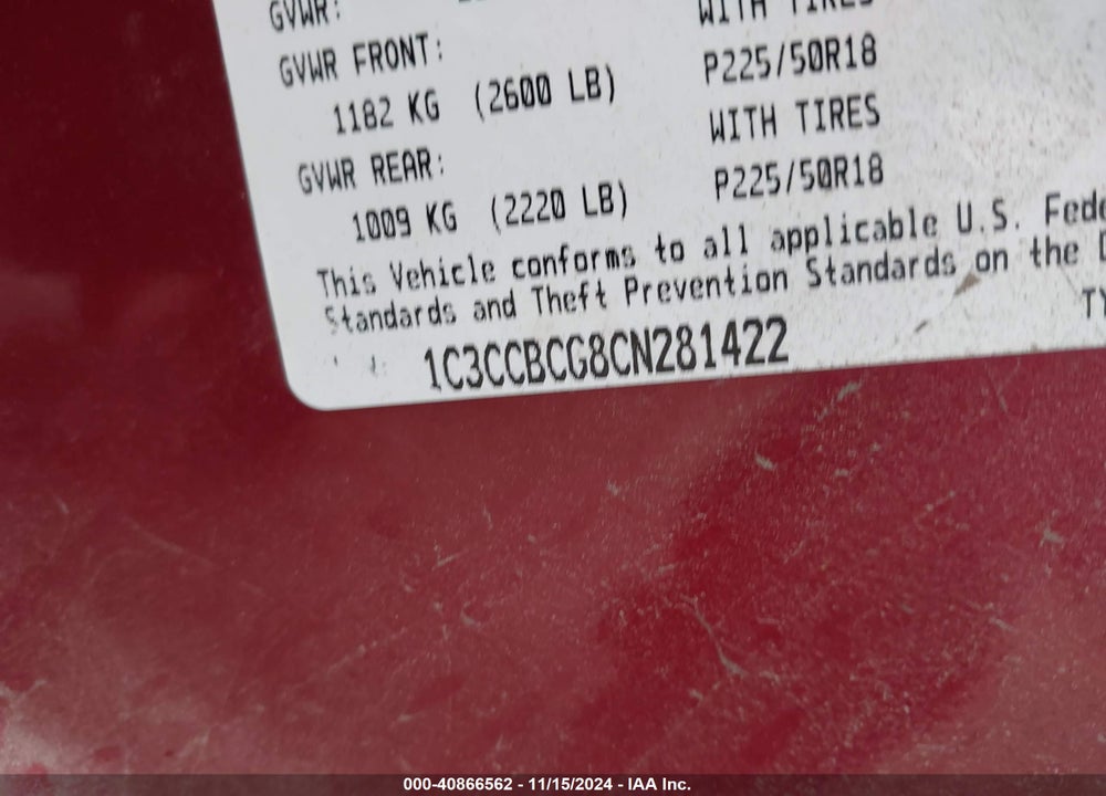 2012 CHRYSLER 200 LIMITED VIN: 1C3CCBCG8CN281422