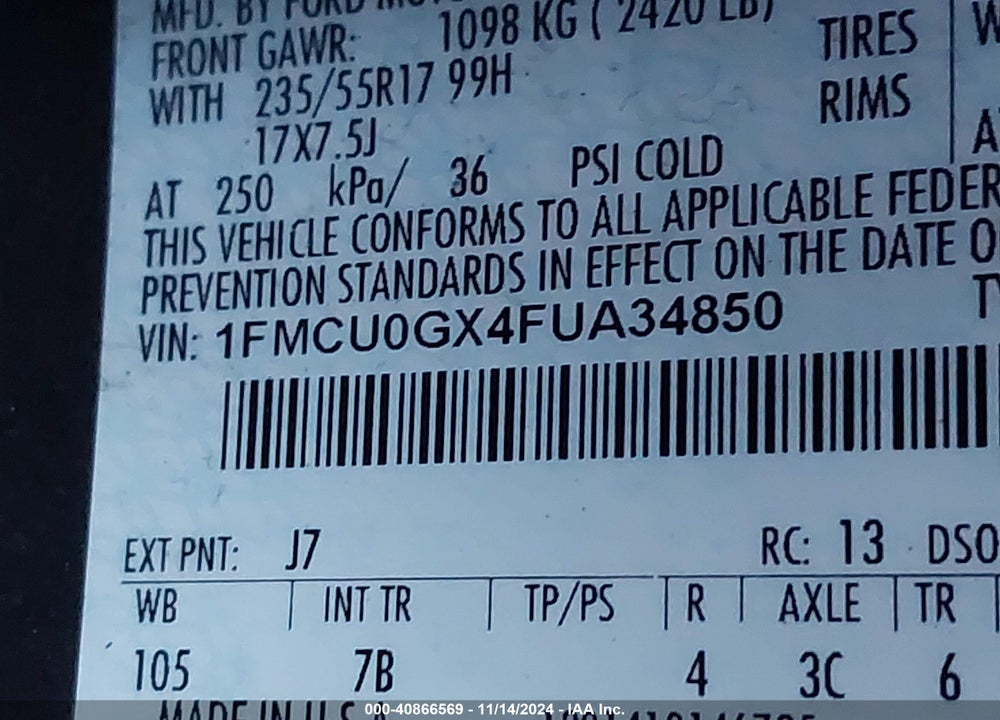 2015 FORD ESCAPE SE VIN: 1FMCU0GX4FUA34850