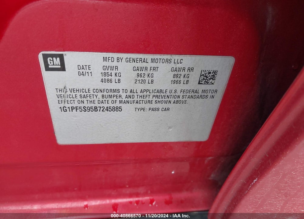 2011 CHEVROLET CRUZE 1LT VIN: 1G1PF5S95B7245885