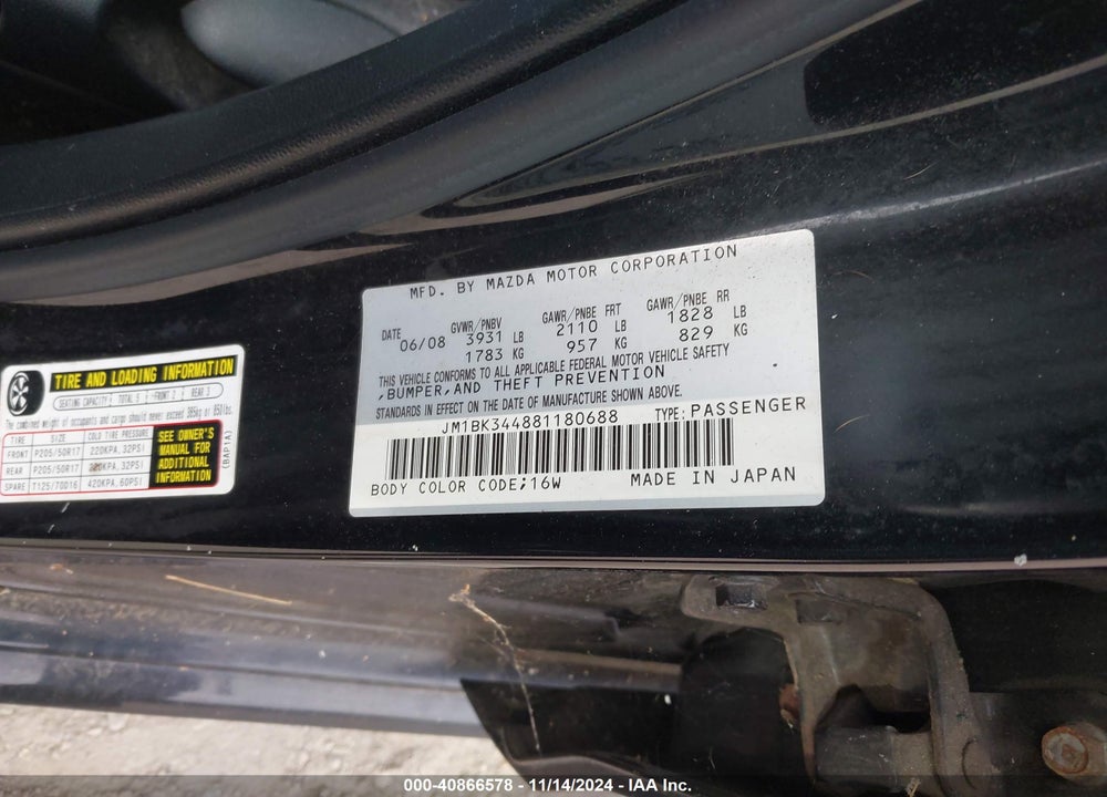 2008 MAZDA 3 S SPORT VIN: JM1BK344881180688